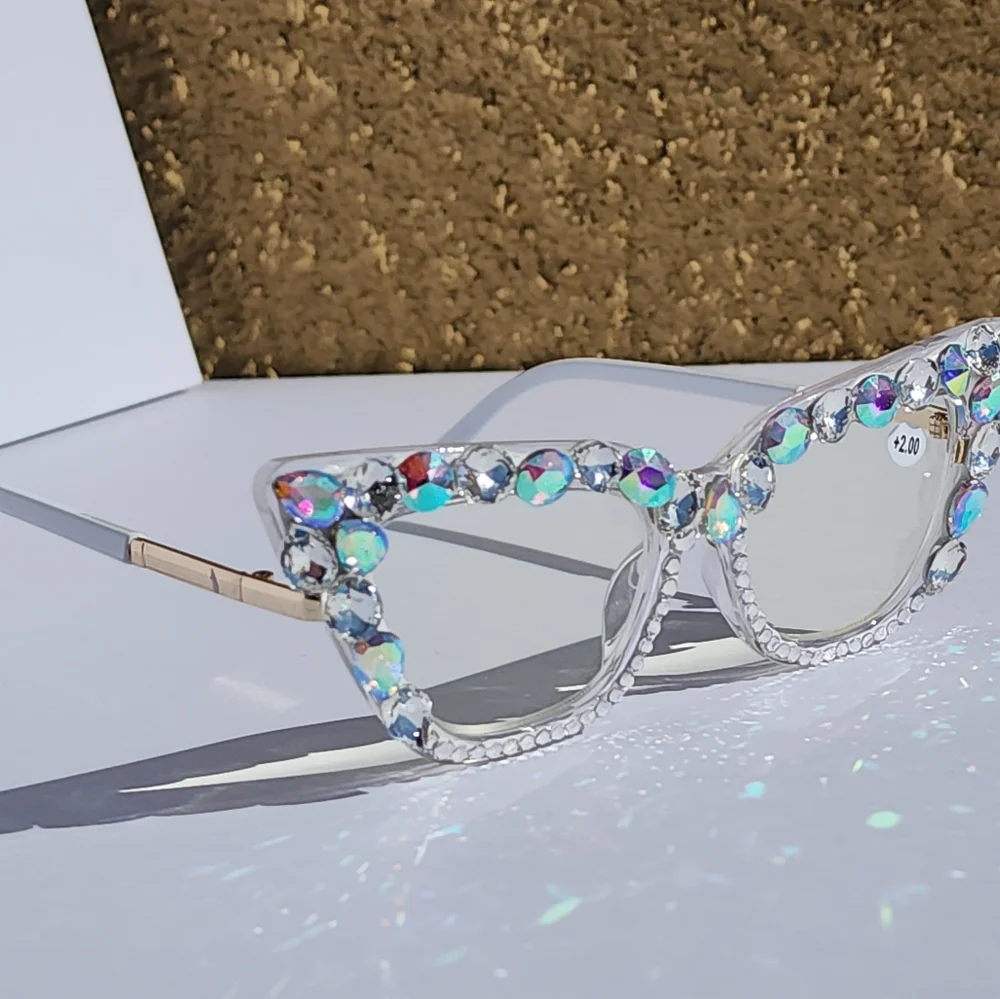 Women's Bling Cat Eye Readers Colorful Rhinestones AB Reading Glasses White+1.00
